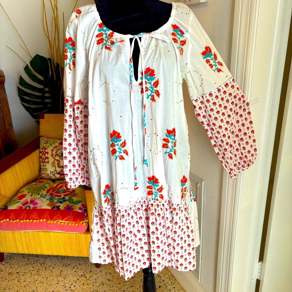 Sundance White Long-Sleeve Floral Peasant Dress with Red and Turquoise Accents